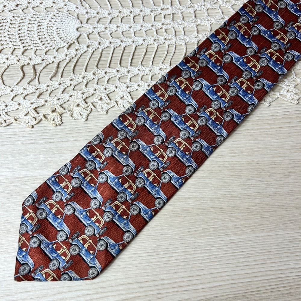 Vintage Jeep Tie Mens 100% Silk‎ Burgundy Blue Off Road Vehicle Pattern